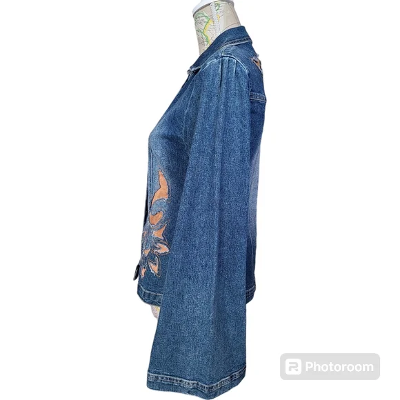 Vintage Y2K Crest Jeans Size Small-Medium Blue Denim Jacket Faux Brown Suede - Picture 7 of 12